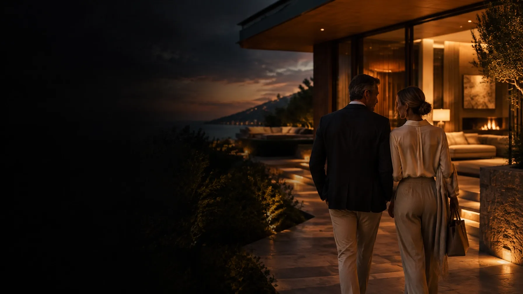 A couple walking through a warmly lit, architect-designed home at dusk
